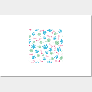 Cat Paw Print, Fish Bones, Ball of Yarn Pattern - Blue Version Posters and Art